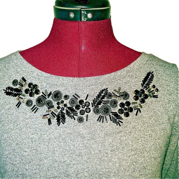 Ann Taylor LOFT Top Sweatshirt Size XS Heather Gray Embellished Long Sle… - Picture 2 of 8